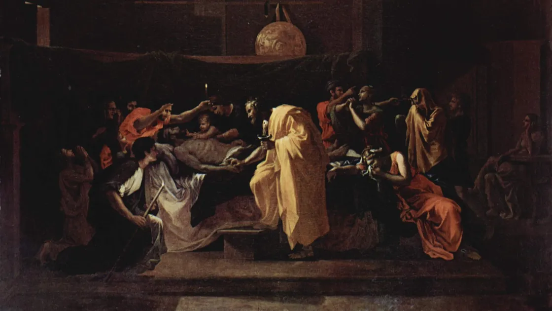 Pintura de Nicolas Poussin (séc. XVII) mostra um padre ungindo um doente moribundo, cercado pela família, no sacramento da unção dos enfermos