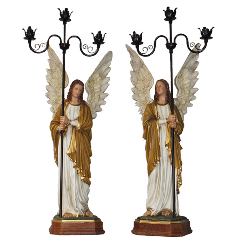 Par de Anjos Candelabro em Resina Dourada