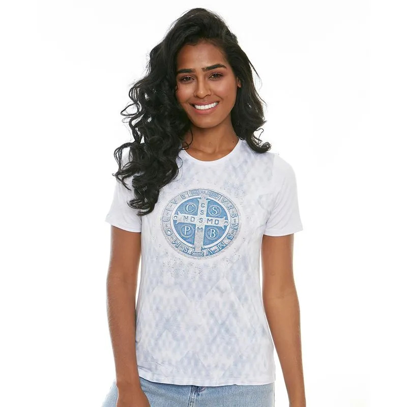 Baby Look Medalha de São Bento com Silk em Relevo