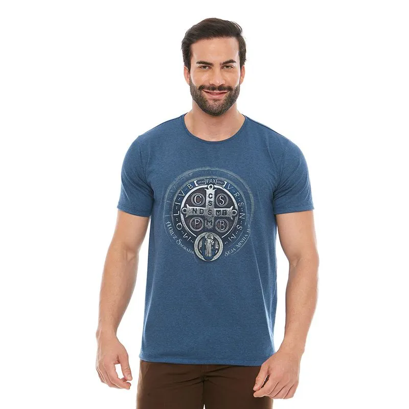 Camiseta Medalha de São Bento Caqui e Azul Royal