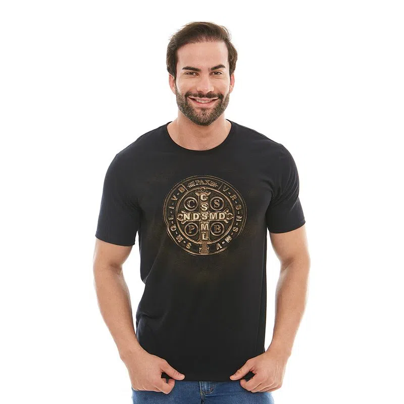 Camiseta Preta Algodão Medalha de São Bento M