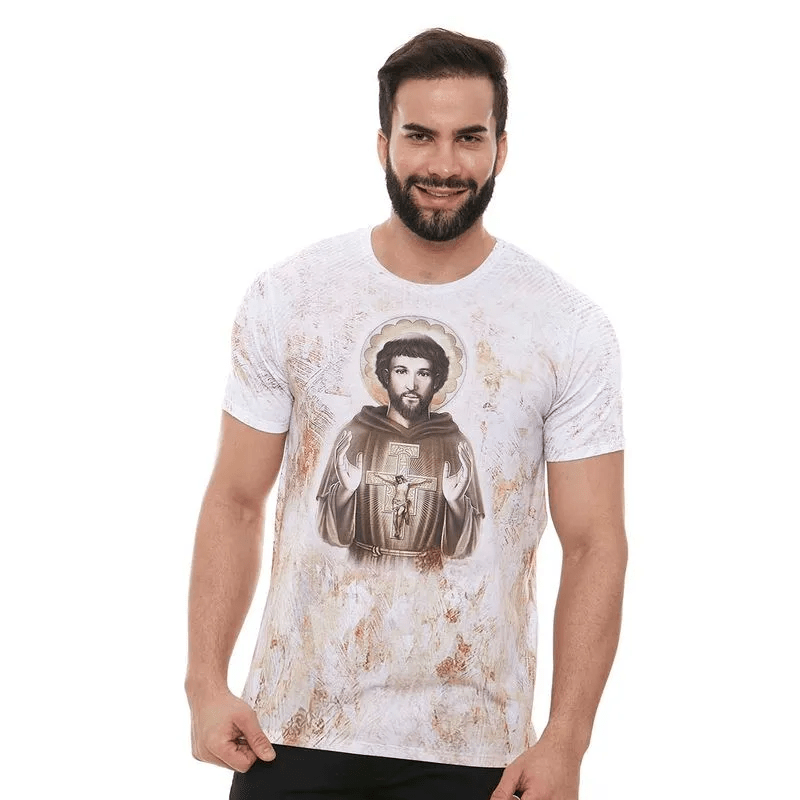 Camiseta São Francisco com Imagem e Oração nas Costas
