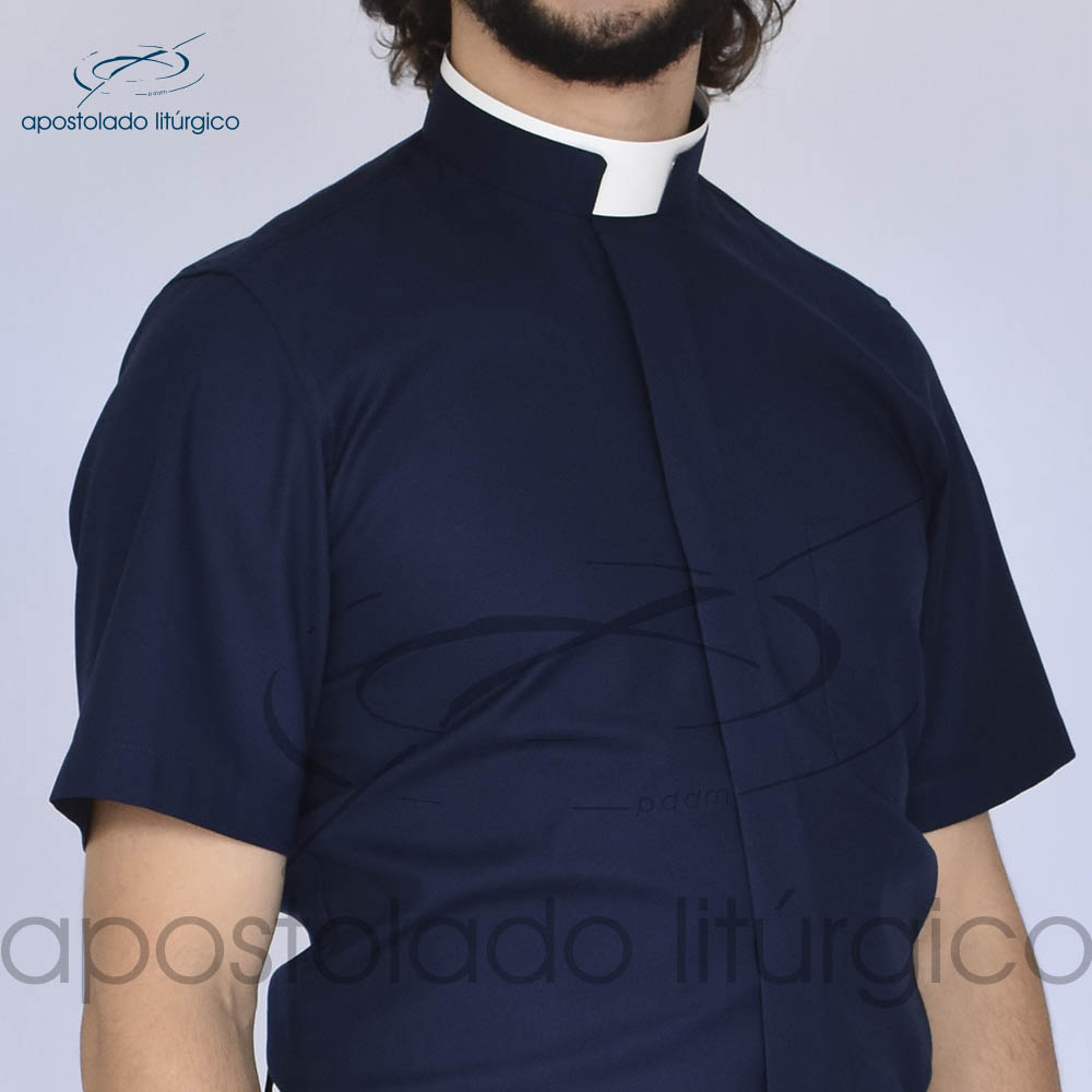 Camisa Clerical Confort Gola Romana Manga Curta