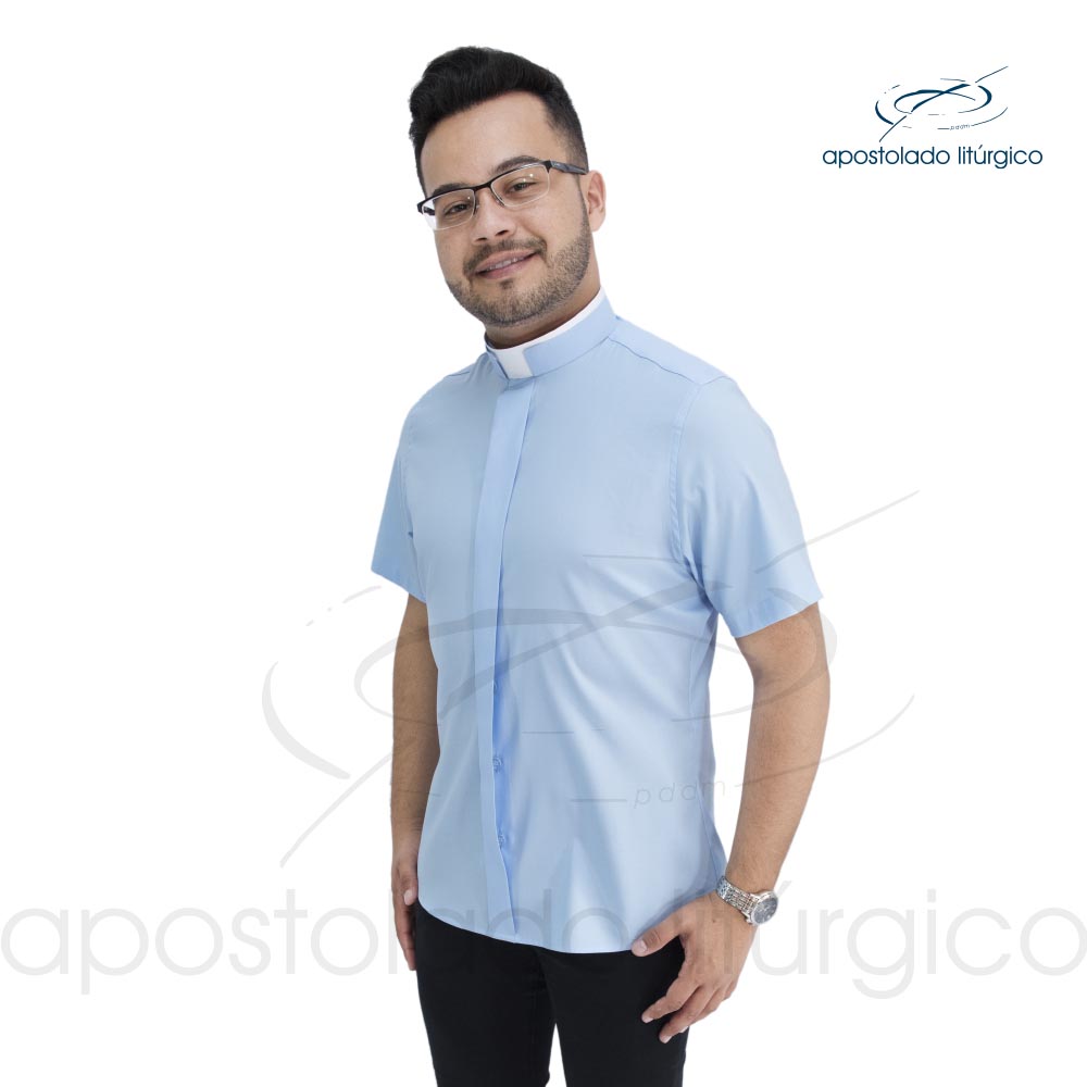 Camisa Clerical Slim Fit Gola Romana Manga Curta