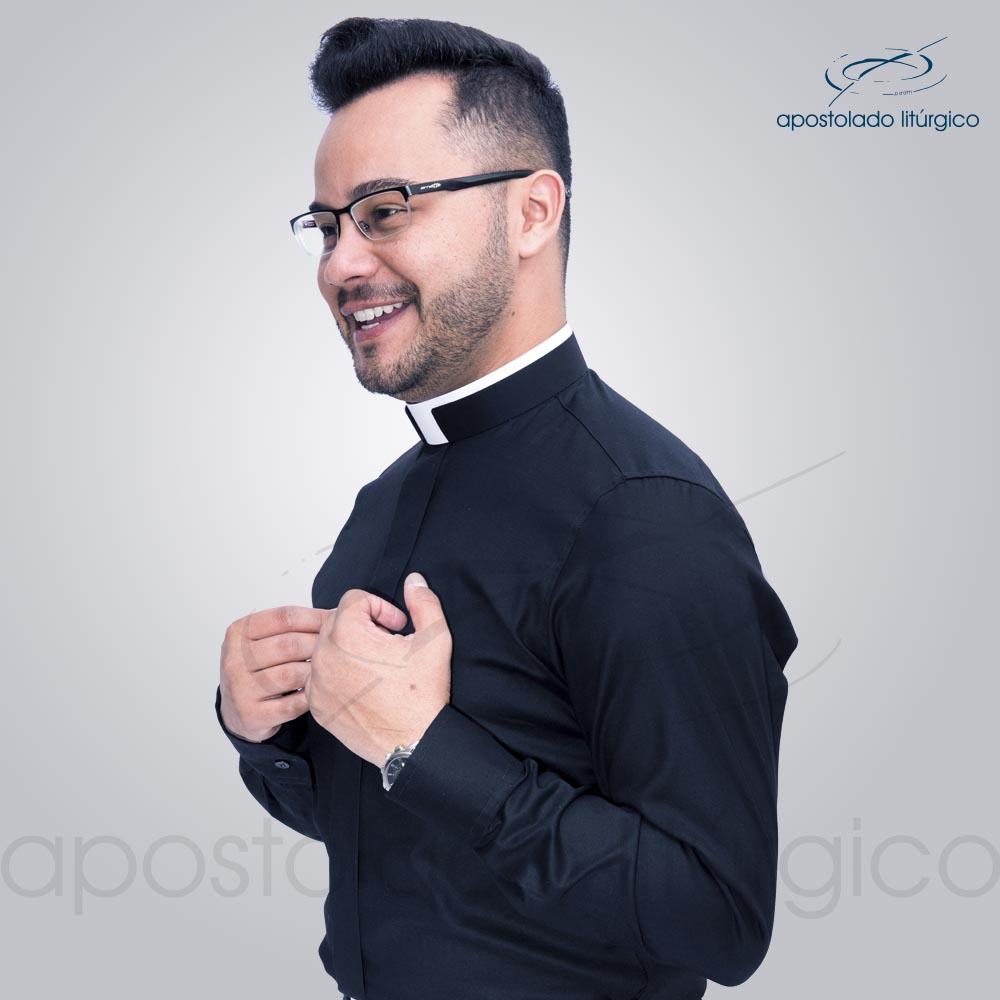 Camisa Clerical Slim Fit Gola Romana Manga Longa