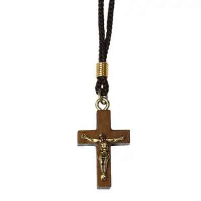 Cordão com Crucifixo de Madeira e Cristo em Ouro Velho