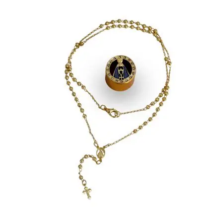 Relicário Dourado com Terço Nossa Senhora Aparecida