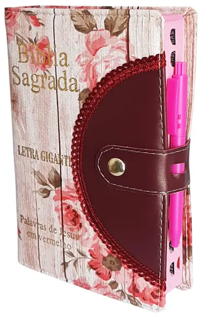 Bíblia Carteira com Caneta Vinho e Rosas