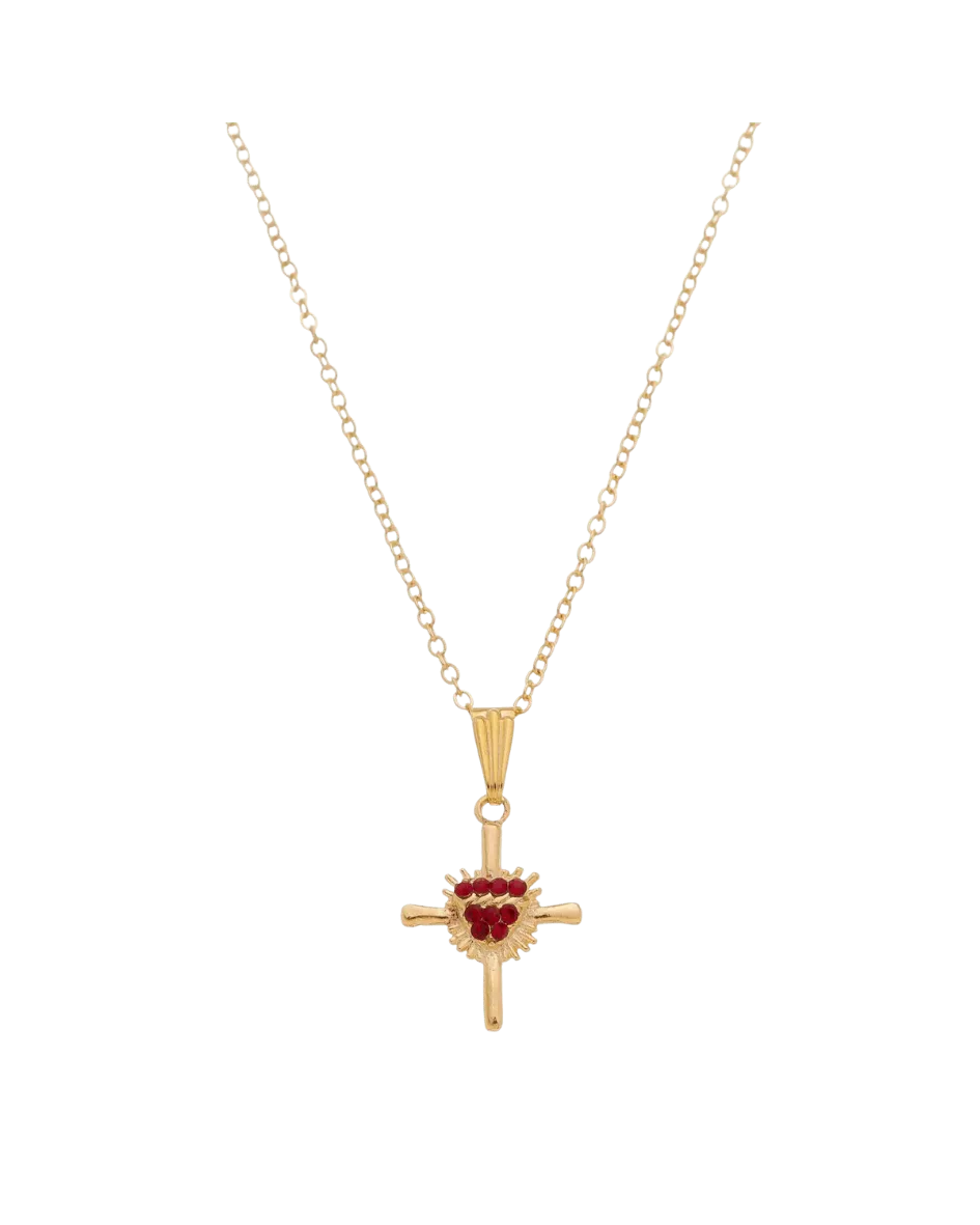 Colar Crucifixo Sagrado Coração de Jesus Folheado a Ouro