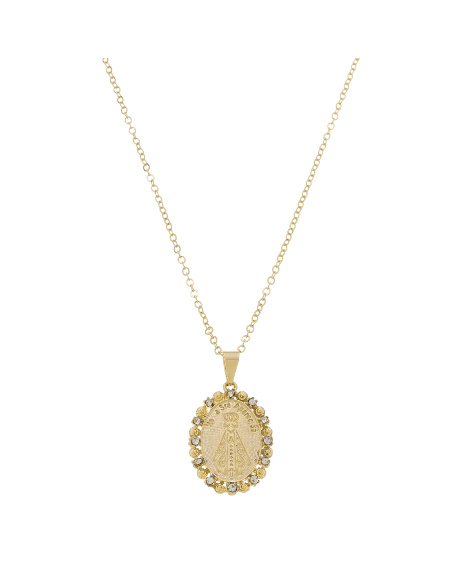 Colar Nossa Senhora Aparecida Detalhes em Strass Folheado a Ouro