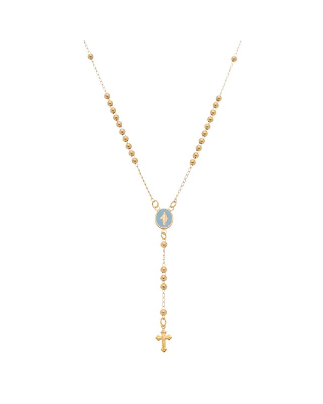Colar Terço Nossa Senhora das Graças Azul Folheado a Ouro