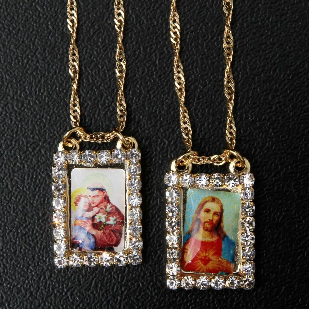 Escapulário Feminino Santo Antônio Folheado a Ouro com Strass