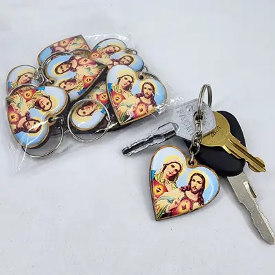 Chaveiro de Madeira Coração de Jesus e Maria, Pacote com 10