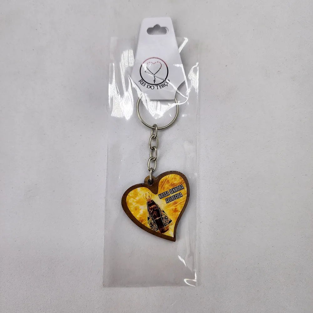 Chaveiro de Madeira Coração Nossa Senhora Aparecida Amarelo