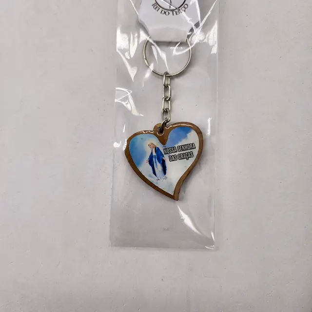 Chaveiro de Madeira Coração Nossa Senhora das Graças