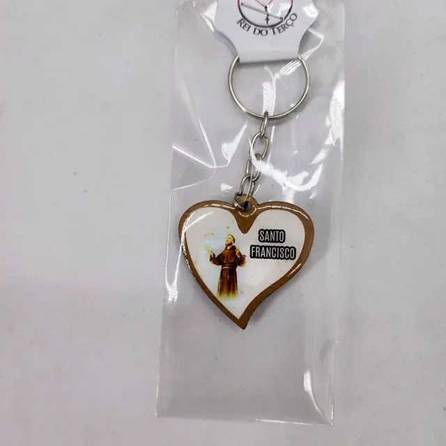 Chaveiro de Madeira Coração São Francisco de Assis