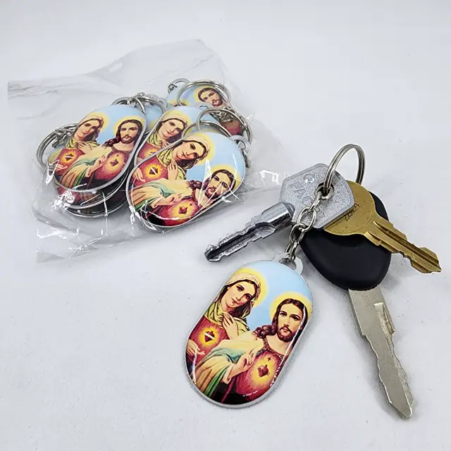 Chaveiro Plaqueta Coração de Jesus e Maria, Pacote com 10