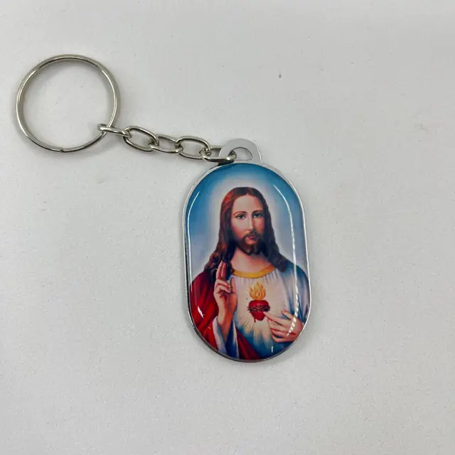 Chaveiro Plaqueta Dupla Face Coração de Jesus e Maria