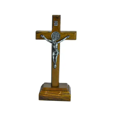 Crucifixo Madeira Tradicional de Mesa 9cm com São Bento