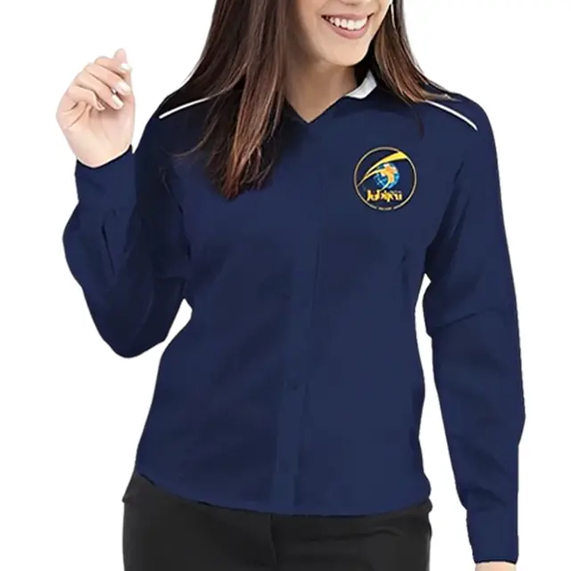 Camisa Social Feminina Azul Marinho Manga Longa