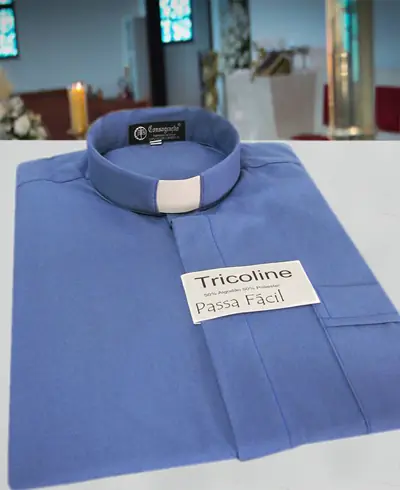 Camisa Clerical Azul Escuro em Tricoline