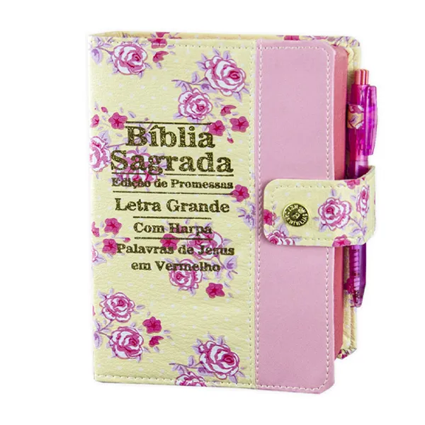 Bíblia Letra Grande com Harpa e Botão: Estampa Floral Rosa