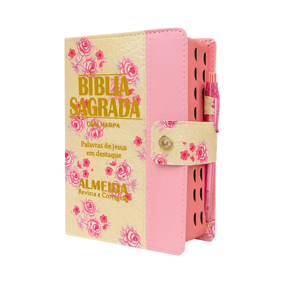Bíblia Letra Grande com Harpa e Botão: Estampa Floral Rosa