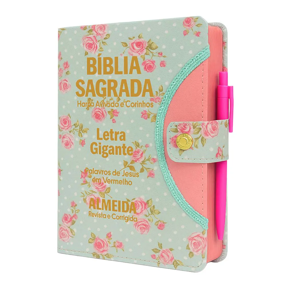 Bíblia Gigante com Harpa e Botão: Capa Floral Verde, Letra Ampliada