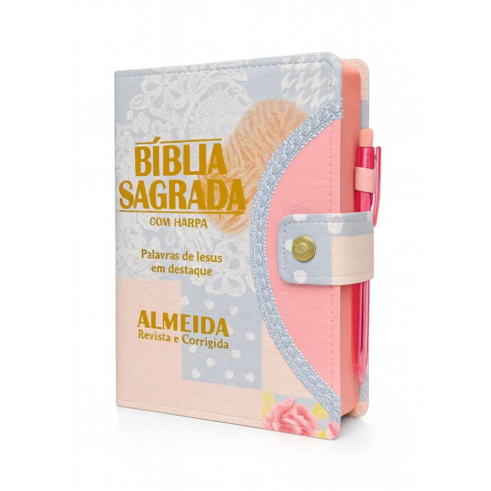 Bíblia Letra Grande com Harpa, Botão e Caneta: Coração Azul