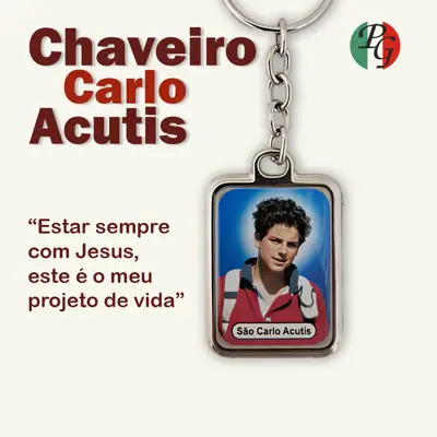 Chaveiro Retangular de São Carlo Acutis em Níquel