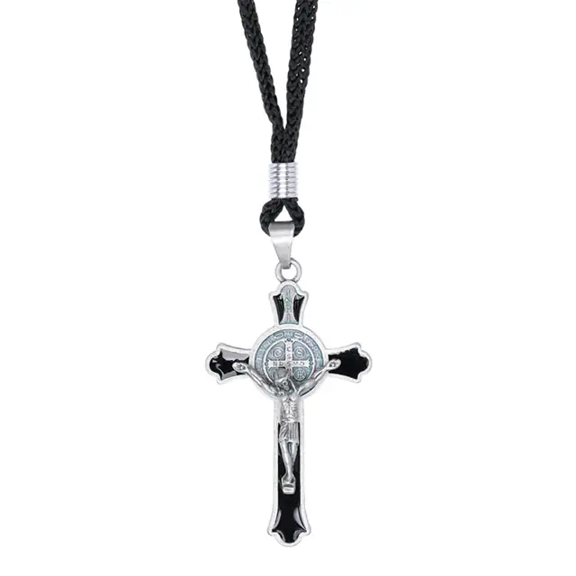 Cordão com Crucifixo de São Bento, Metal Prata Velha, Tamanho Médio