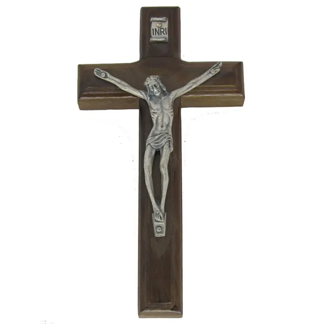 Crucifixo de Parede em Madeira, 17cm, Acabamento Prata Velha