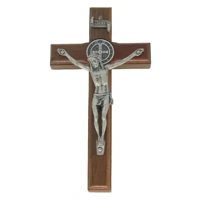 Crucifixo de Parede em Madeira, 12cm, Prata Velha com Medalha de São Bento