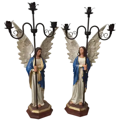 Par de Anjos Candelabro em Resina Dourada