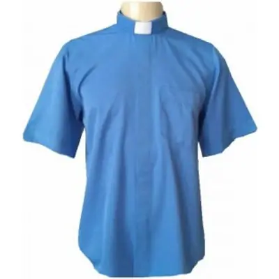 Camisa Clerical Manga Curta Azul