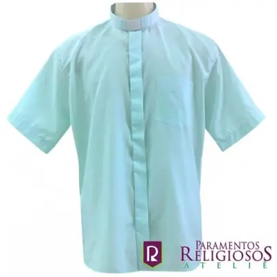 Camisa Clerical Manga Curta Verde em Tricoline
