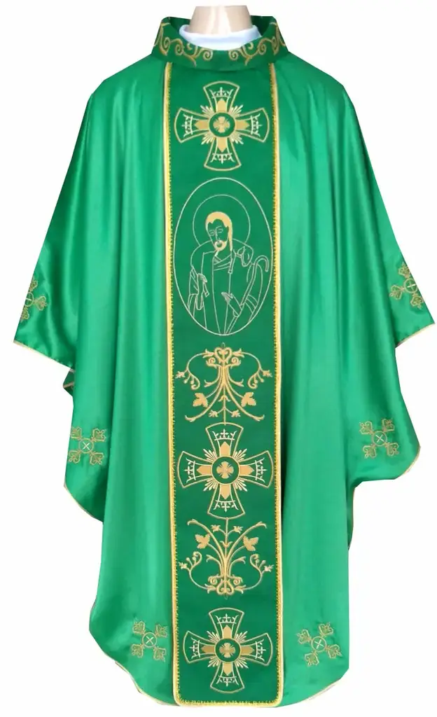Casula Verde do Bom Pastor em Seda Bordada
