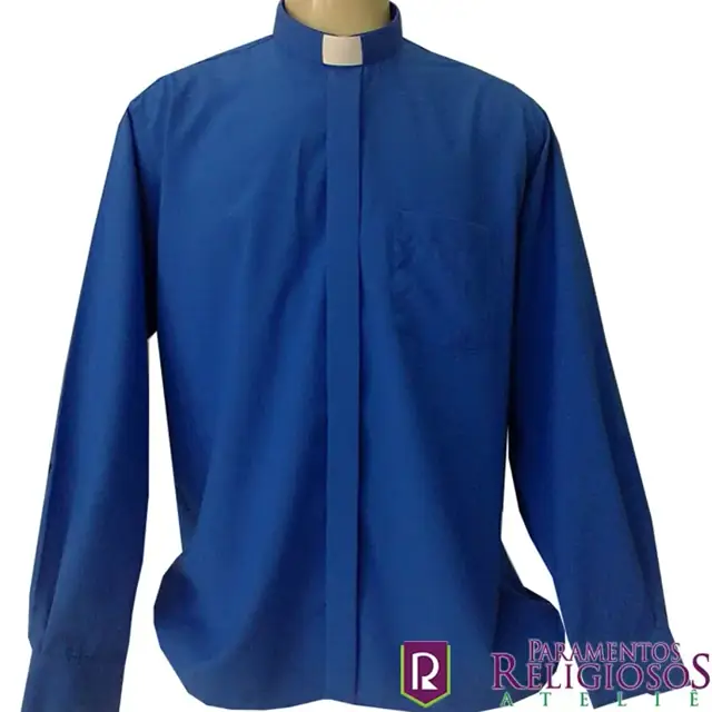 Camisa Clerical Manga Longa Azul Royal